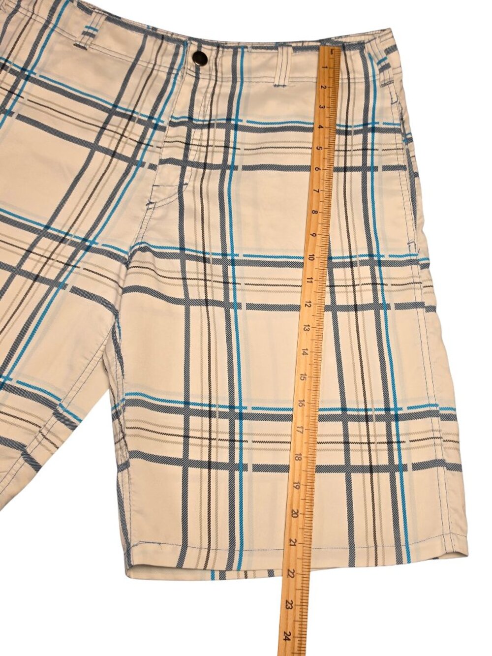 Plaid Cargo Shorts Tan Blue Men 34